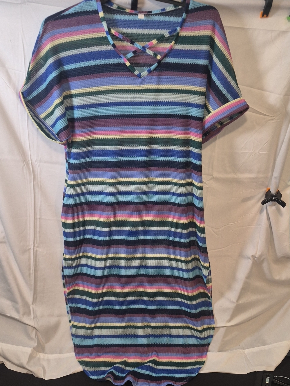 Multicolor Rainbow Striped Waffle Knit Criss Cross V-Neck Mini  Dress Size M